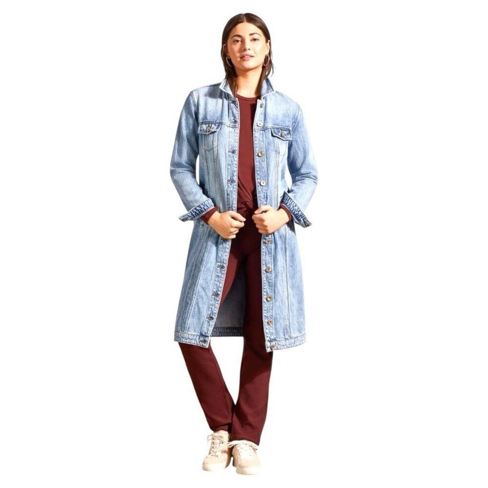 Tribal Jeans Long Denim Duster Button Up Jacket in Washed Blue Sz Small